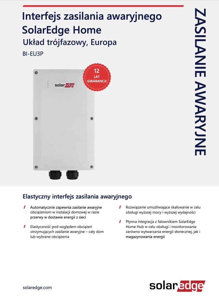 Interfejs zasilania awaryjnego SolarEdge Home, trójfazowy, Home Backup